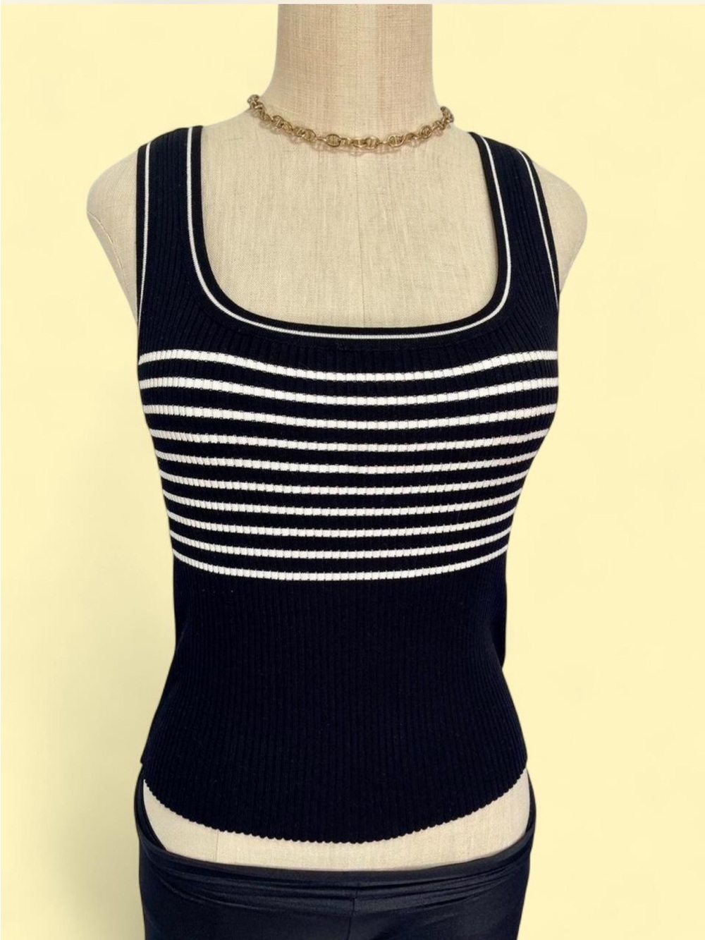 H&M Black and White Striped Ribbed Square Neck Tank